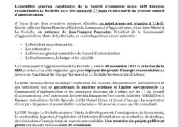 Invitation presse - assemblée générale - constitution Societe d'économie mixte Energies renouvelables La Rochelle